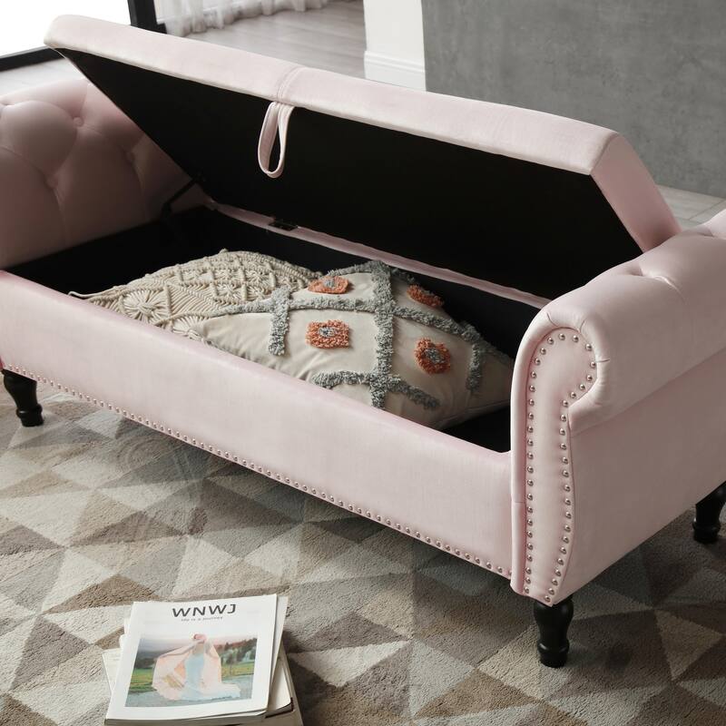 Elegant Light Pink Velvet Nailhead Trim Storage Ottoman Bench