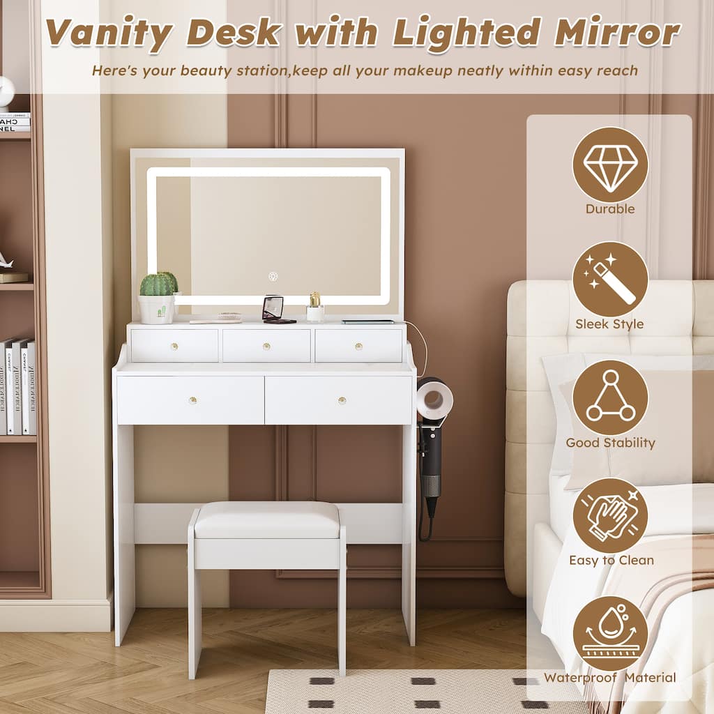 Large Mirror Vanity Desk for Bedroom, Modern Makeup Vanity with Power Outlet and Hair Dryer Holder, Dressing Table & Stool Set