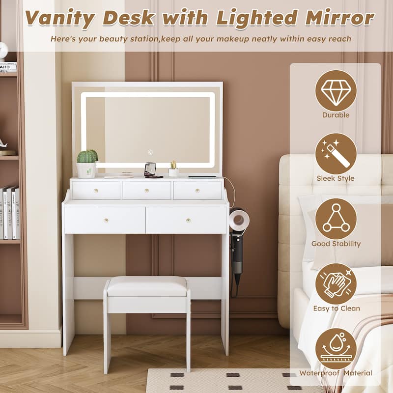 Modern Vanity Set with Extra-Large Lighted Mirror, 3 Color Modes, Power Outlet, Hair Dryer Holder & Storage Drawers