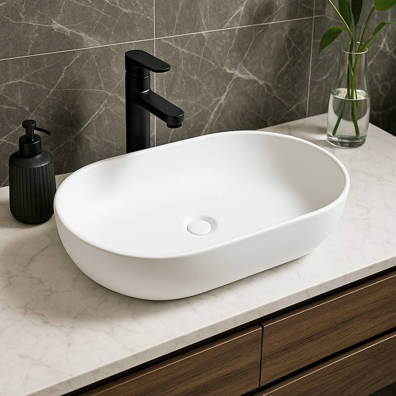 Evoluxe Matte White Solid Surface Round Oval Vessel Sink