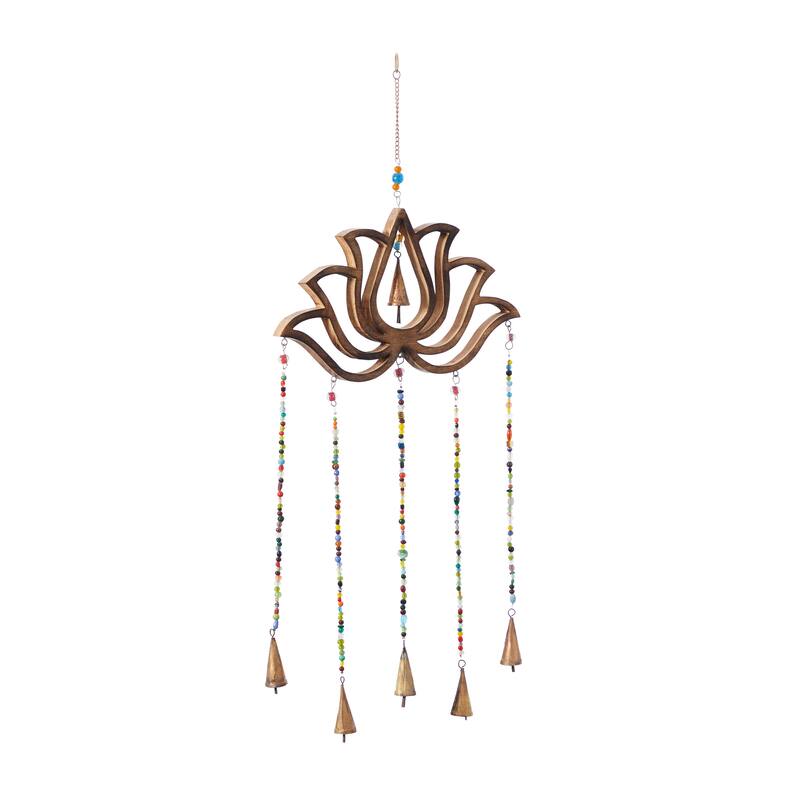 Brown Mango Wood Handmade Lotus Floral Indoor Outdoor Windchime with Glass Beads and Cone Bells