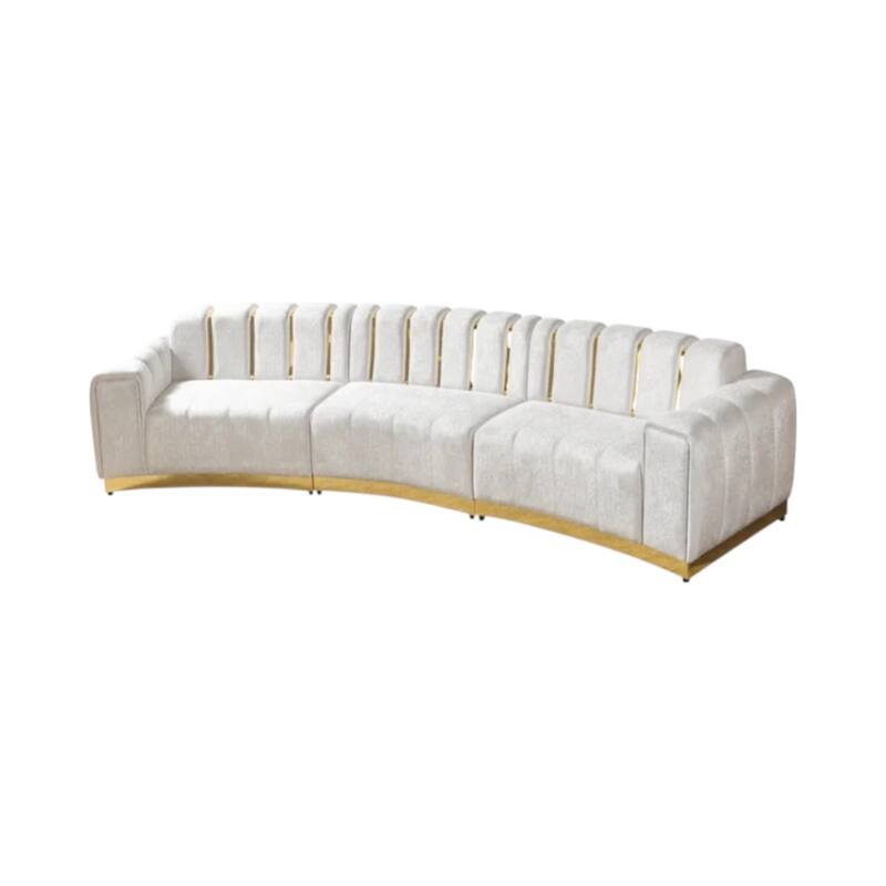 HomeRoots Gold And White Velvet Curved Three Piece Sectional With Toss Pillows