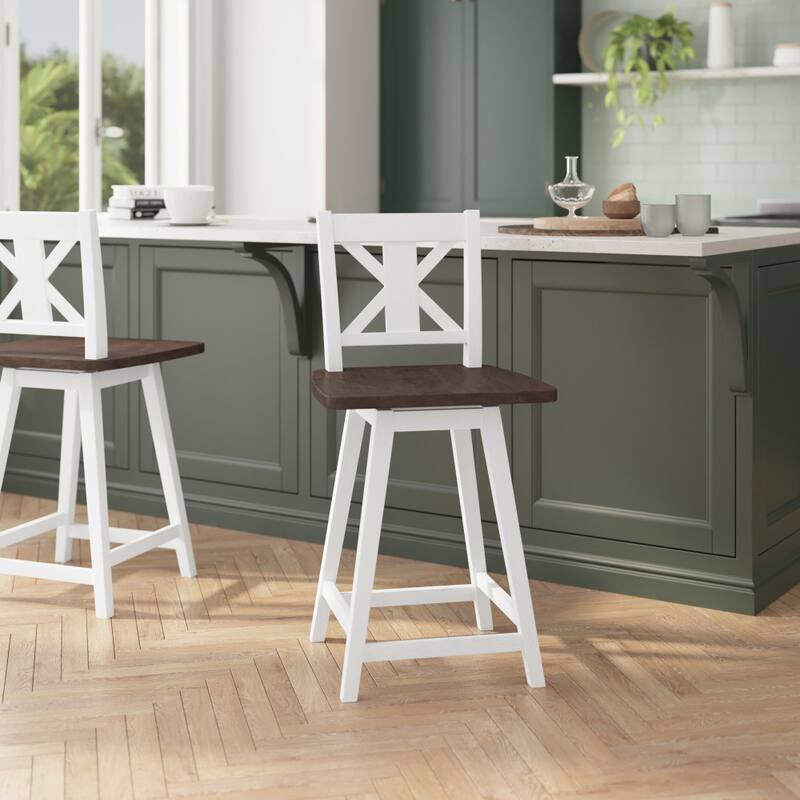 Commercial 360 Degree Swivel Wood Counter Height Stool -  Antique White Wash Frame Gray Wash Seat