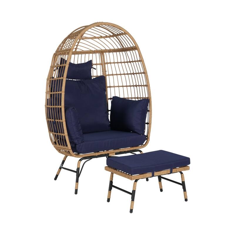 Wicker Egg Chair with Ottoman, Oversized Indoor Outdoor Lounger for Patio, Backyard, Living Room