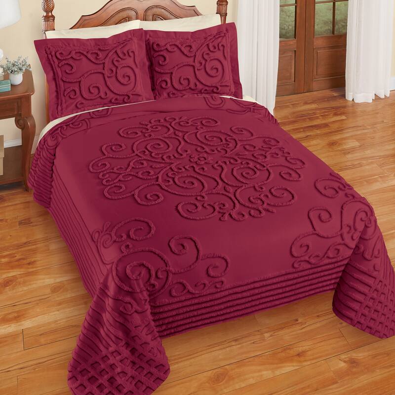 Skylar Scrolling Textured Design Chenille Bedspread - Wine - Twin