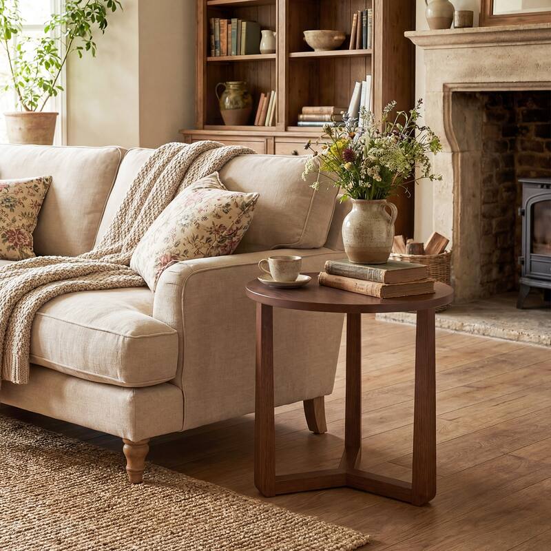 Gymax 2PCS Round Side Table w/Sturdy Rubber Wood Legs Triangular