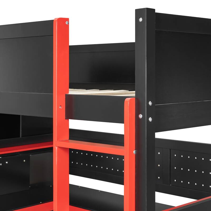 Full Size Wooden Gaming Loft Bed with Storage Stairs, Desk, Shelves & Pegboard