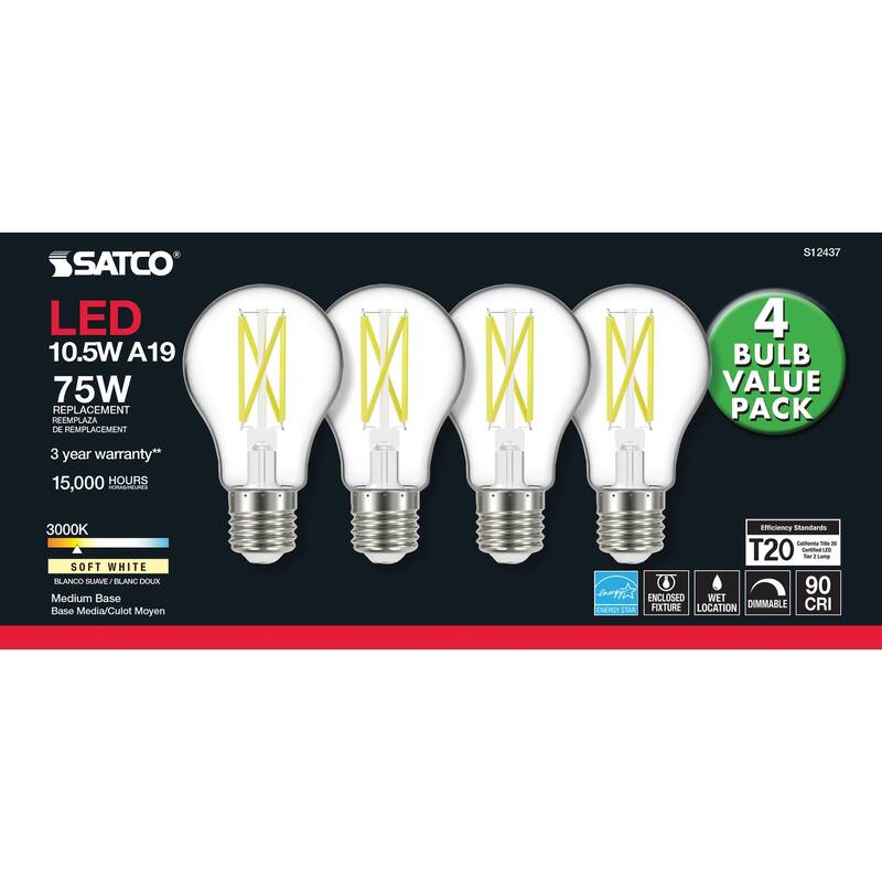 10.5 Watt A19 LED 75 Watt Replacement Clear Medium base 3000K 120 Volt 4-Pack
