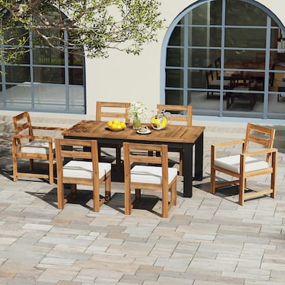 7 Piece Patio Table and Chairs Set, Wood Dining Table Set for 6 with Umbrella Hole, 2 Armchairs & 4 Side Chairs