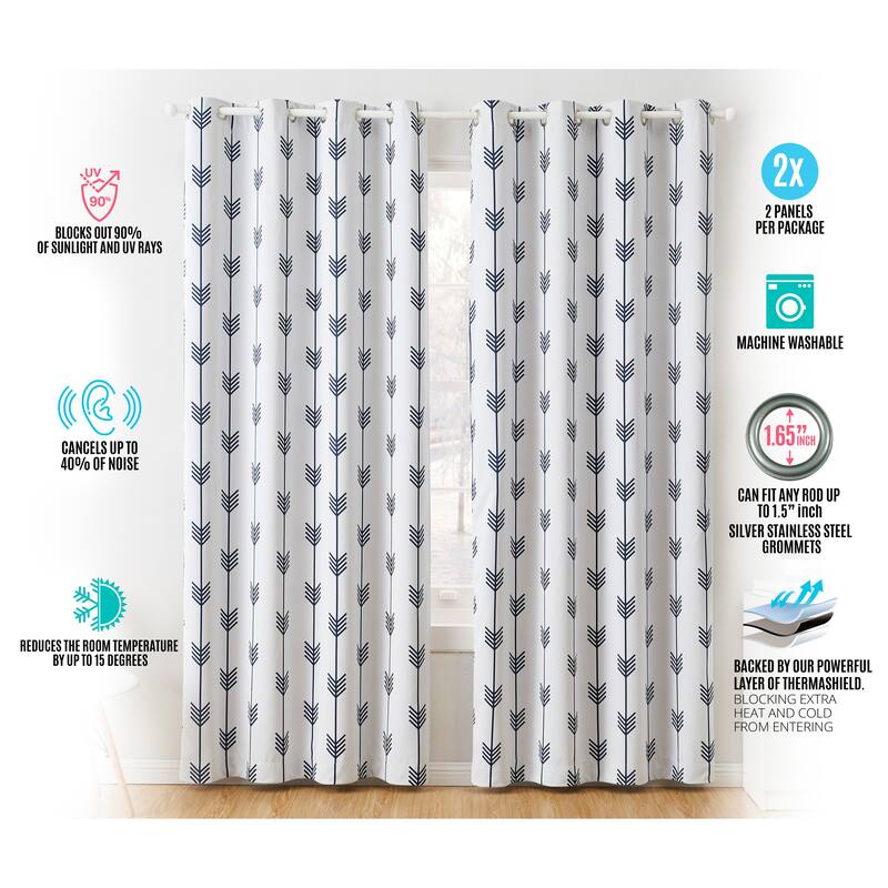 HLC.me Arrow Thermal Room Darkening Blackout Energy Efficient Window Curtain Grommet Panels - Set of 2