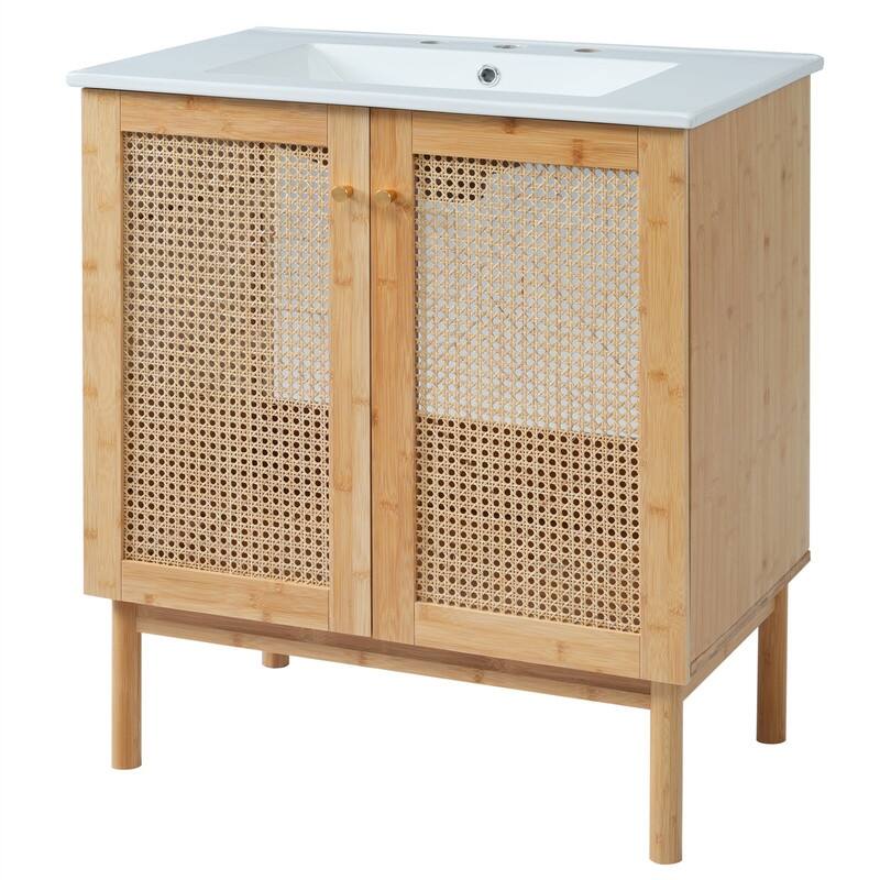 30'' Bathroom Vanity with Ceramic Sink Combo, Freestanding Bathroom Storage Cabinet with 2 Rattan Soft Close Doors