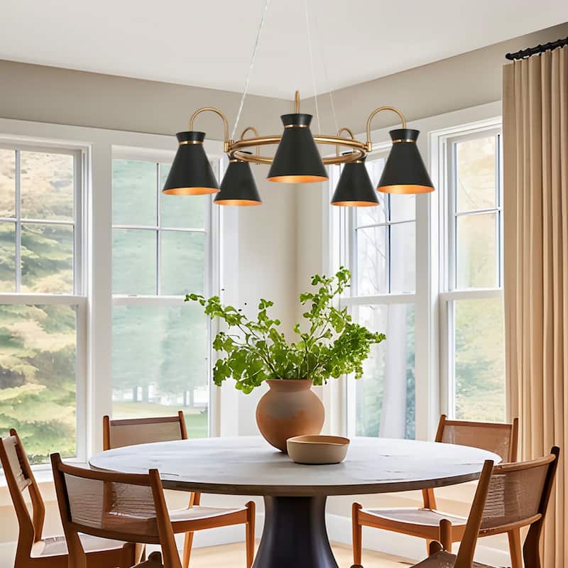 Modern 5-Light Black Gold Wagon Wheel Chandelier Metal Pendant Lights for Dining Room - 29''W x 29''D x 6''H