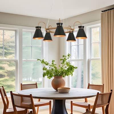 Modern 5-Light Black Gold Wagon Wheel Chandelier Metal Pendant Lights for Dining Room - 29''W x 29''D x 6''H