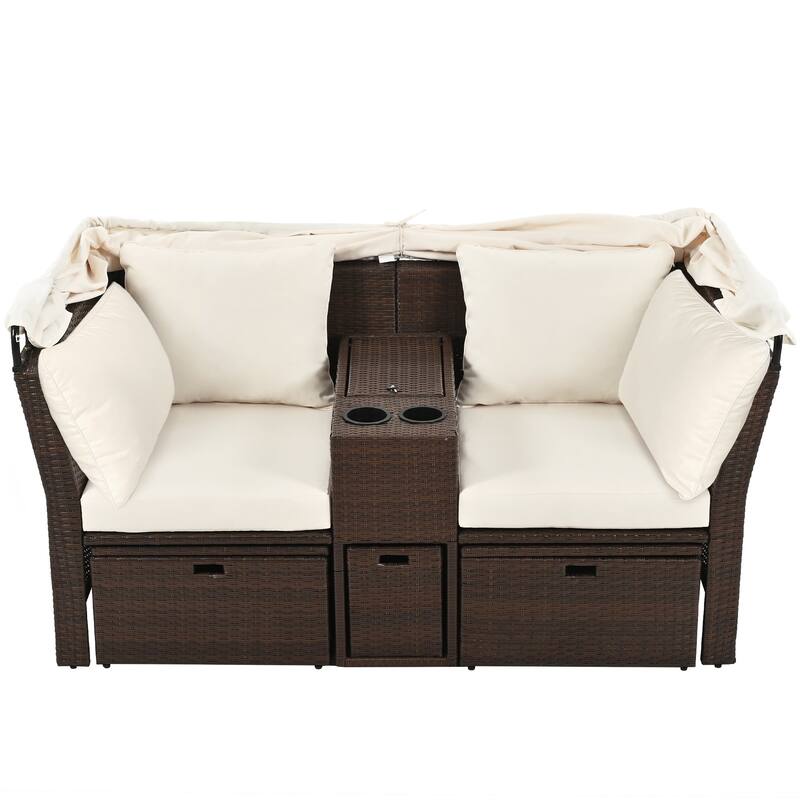 Outdoor Convertible Daybed Loveseat Sofa Set with Canopy & Console