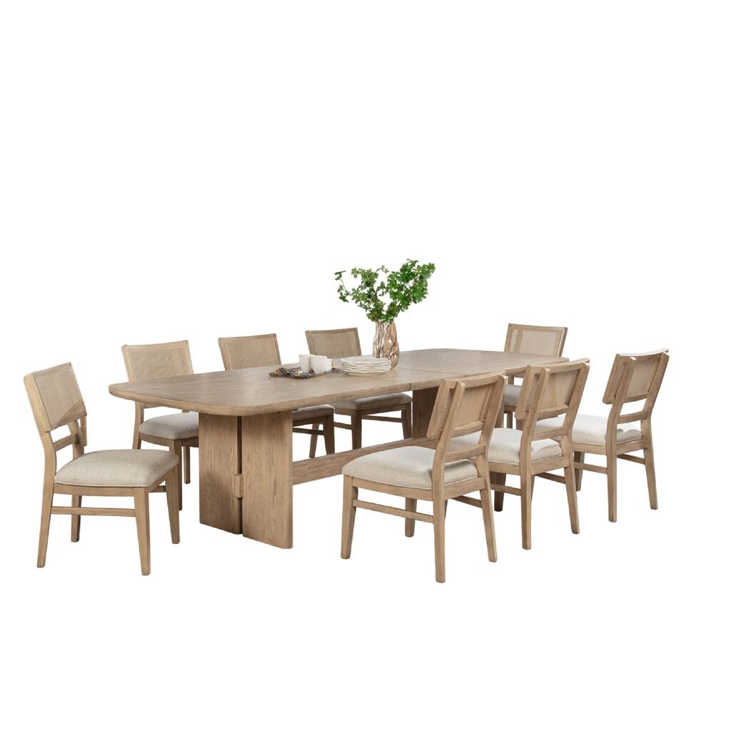 Lno 9 Piece Rectangular Dining Table Set, 8 Chairs, Beige Oak