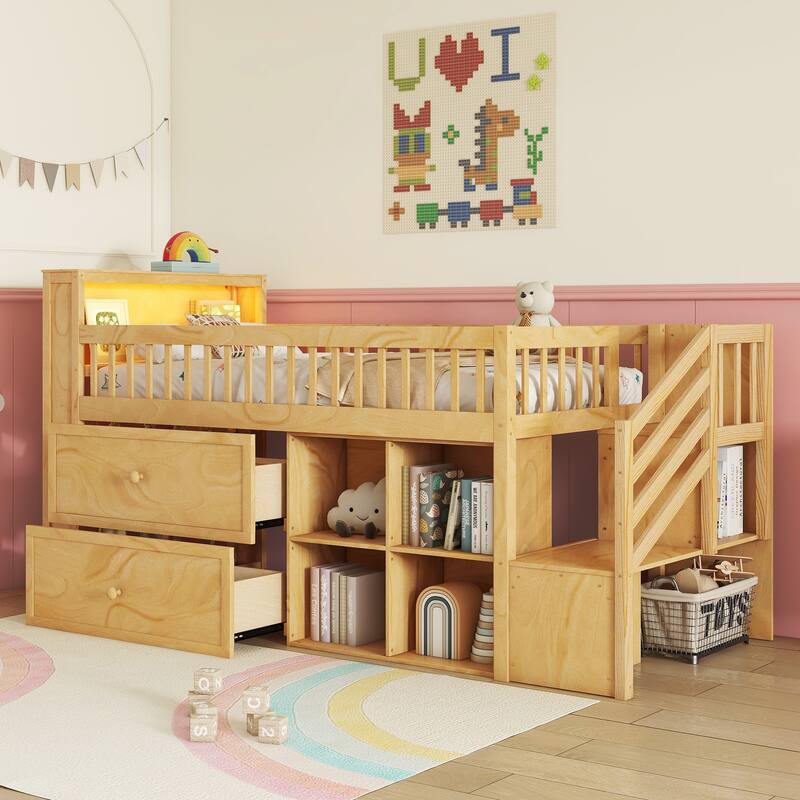 Kids Twin Loft Bed with LED, Staircase, Storage Drawers & Shelves, Solid Wood Frame - Safe & Functional