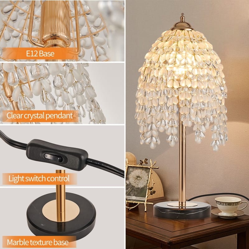 19" Crystal Table Lamp Vintage Waterfall Design with Teardrop Beads & Marble Base (Bulb Not Included)