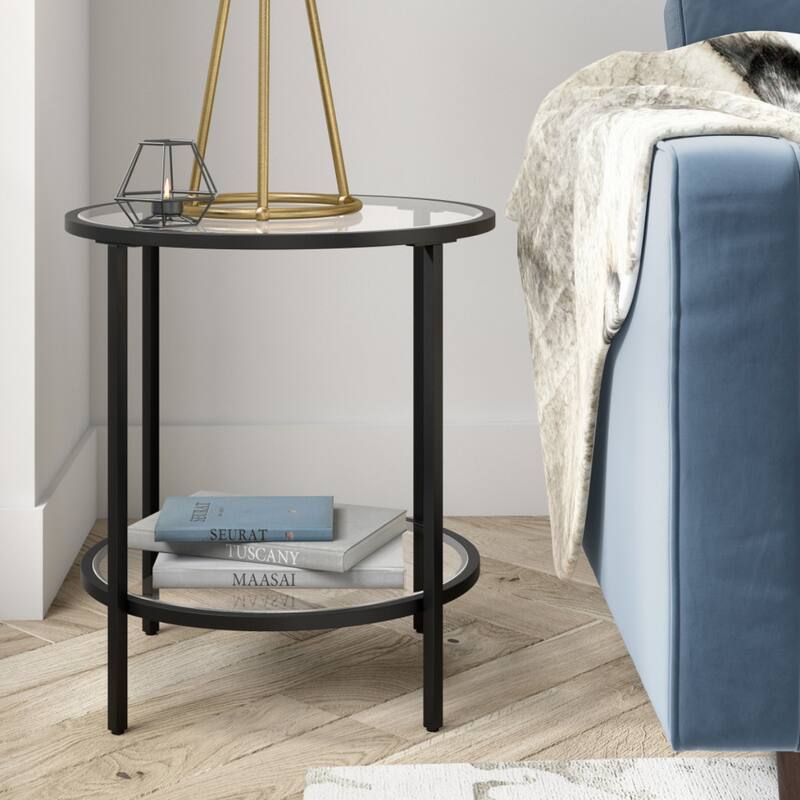 Clear Glass Round End Table with Steel Base and Storage Shelf - 20” x 20” x 22” (D x W x H)