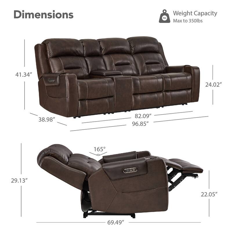 Spruce & Spring Genuine Leather Power Reclining Sofa with Wireless Charging