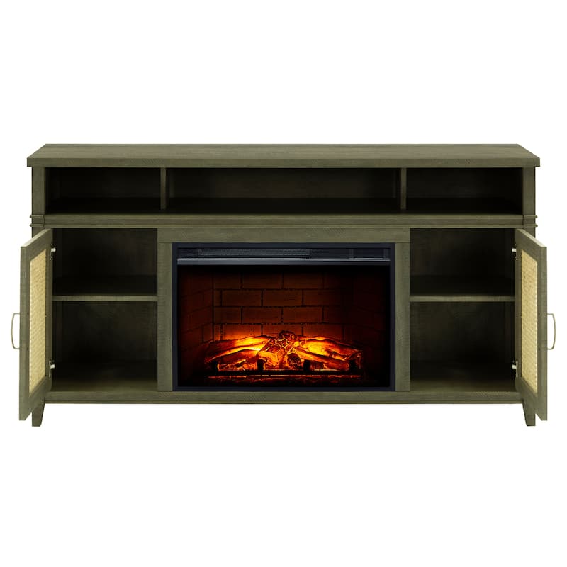 Pleasant Hearth Tahoe 60 in. ITV Stand with Electric Fireplace Grey Finish with Wicker Doors - 60"