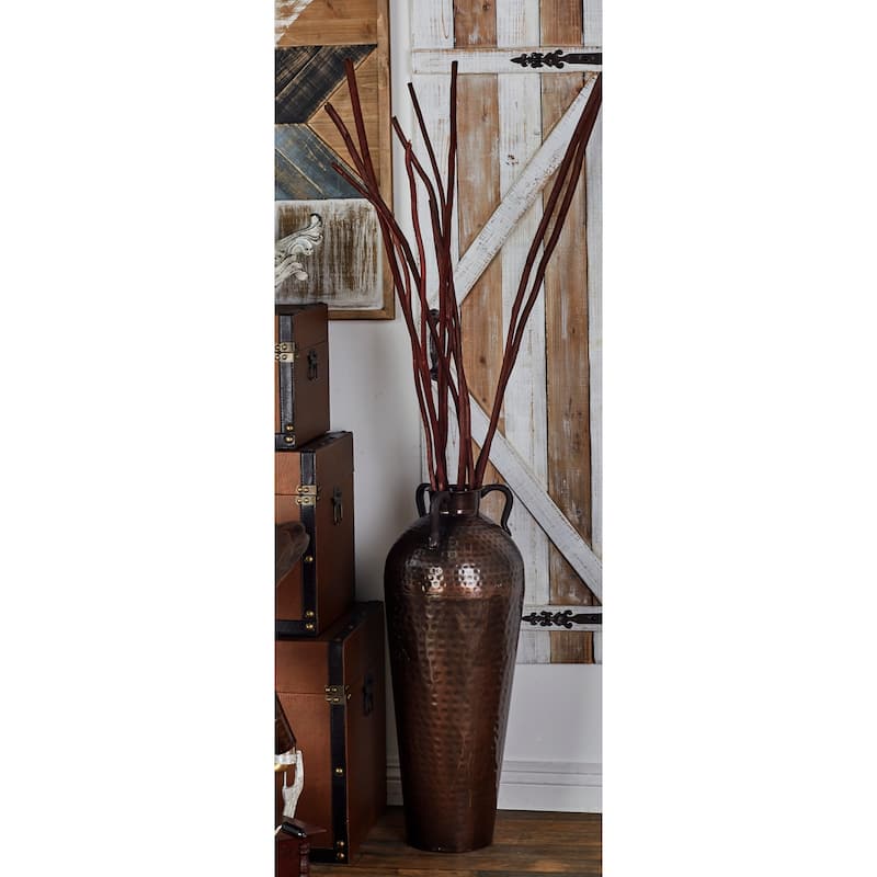 Metal Tall Floor Mediterranean Style Vase with Hammered Details and Handles - Brown - Roche River Decor