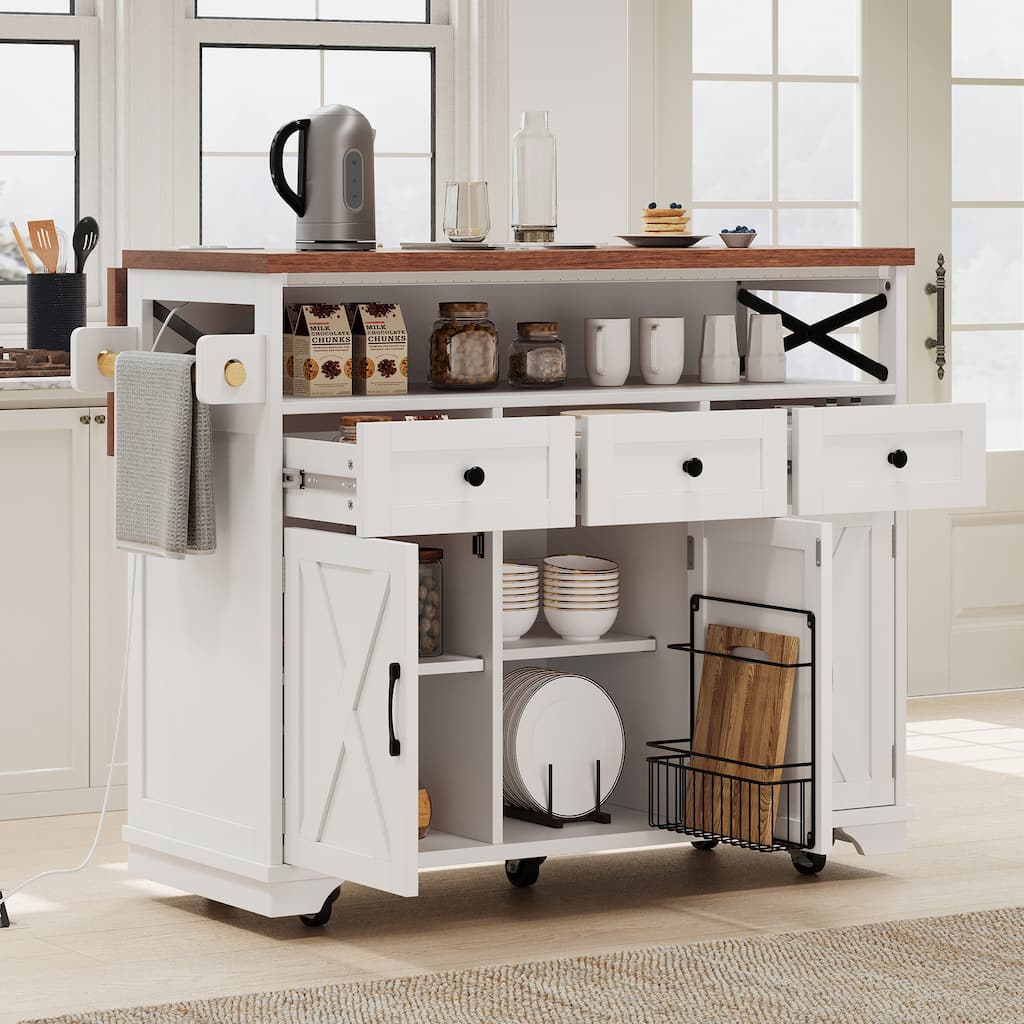 46.5" Farmhouse Kitchen Island with Drop Leaf, Drape of Beads, Power Outlet, 3 Drawers & Internal Iron Shelf