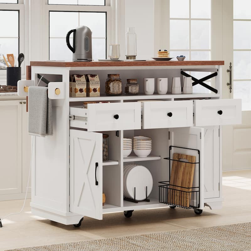 46.5''Farmhouse Kitchen Island with Drape of Beads, Power Outlet,Rolling Kitchen cart on Wheels with Drop Leaf,3 Doors,3 Drawers