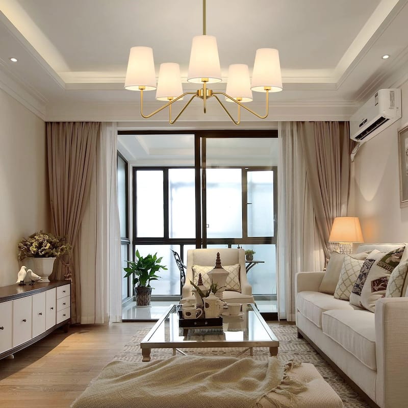 5-Light Modern Chandelier with White Shades,30"Brass Gold Chandelier,Classic Pendant Ceiling Light Fixture w/ E12 Base