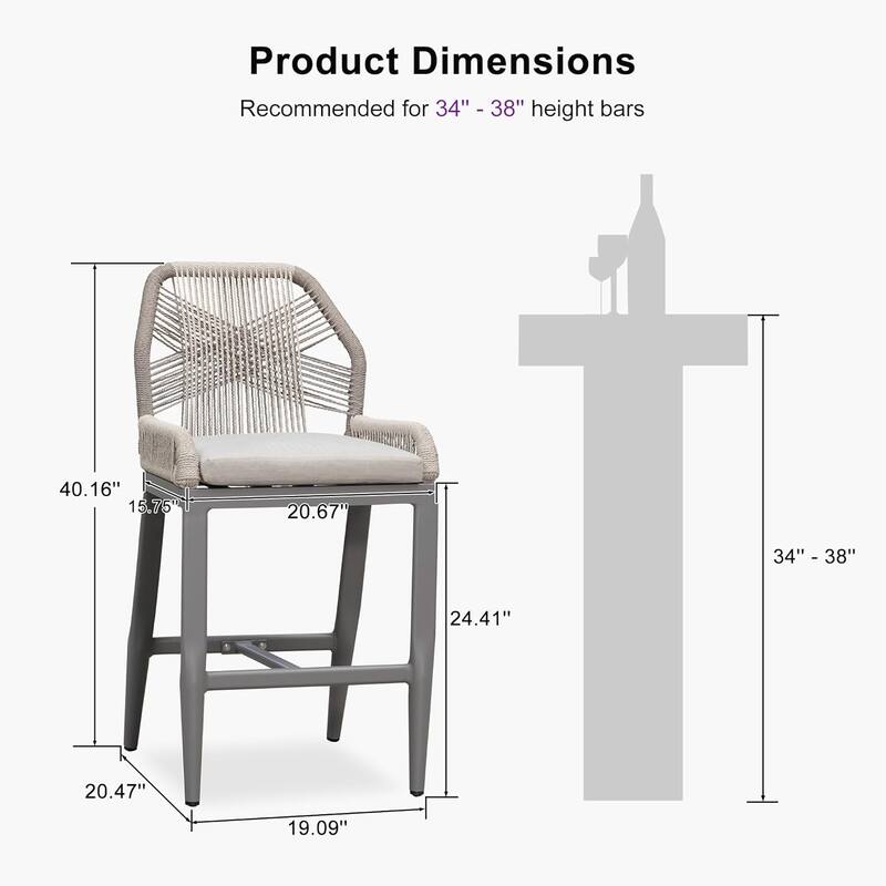 PURPLE LEAF Outdoor Bar Stools Chair Set of 2, All Weather Rattan and Aluminum Patio Bar Stool with Cushion