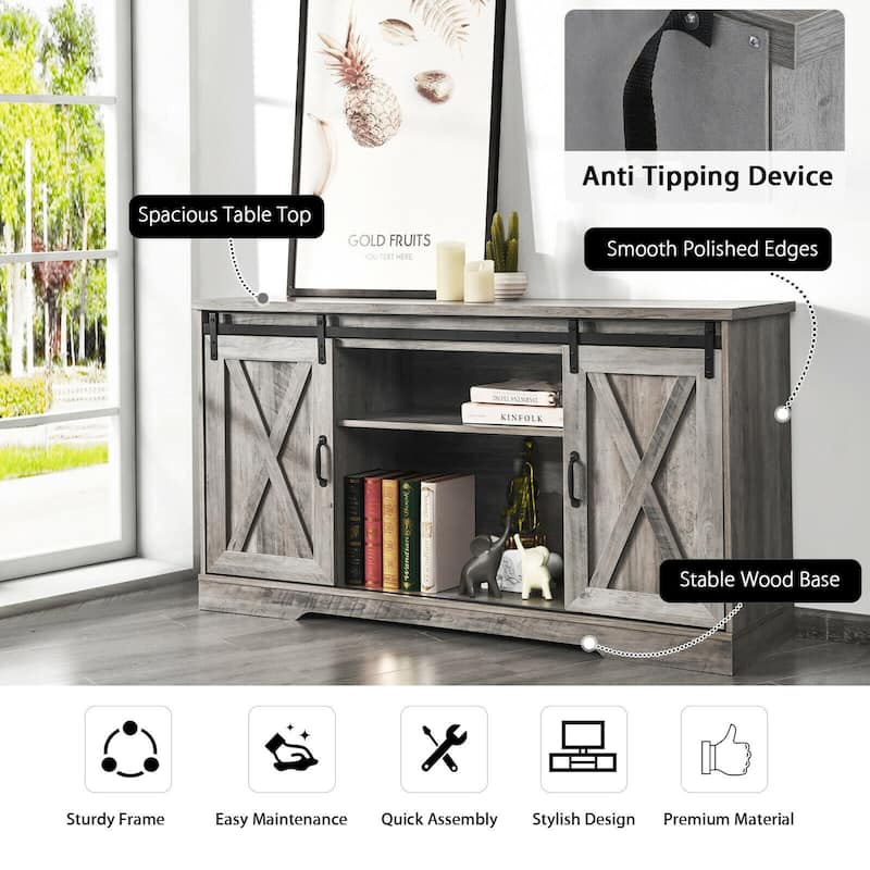 59" TV Stand with Adjustable Shelf and Sliding Barn Door Cabinet - 59" x 16" x 32" (L x W x H)