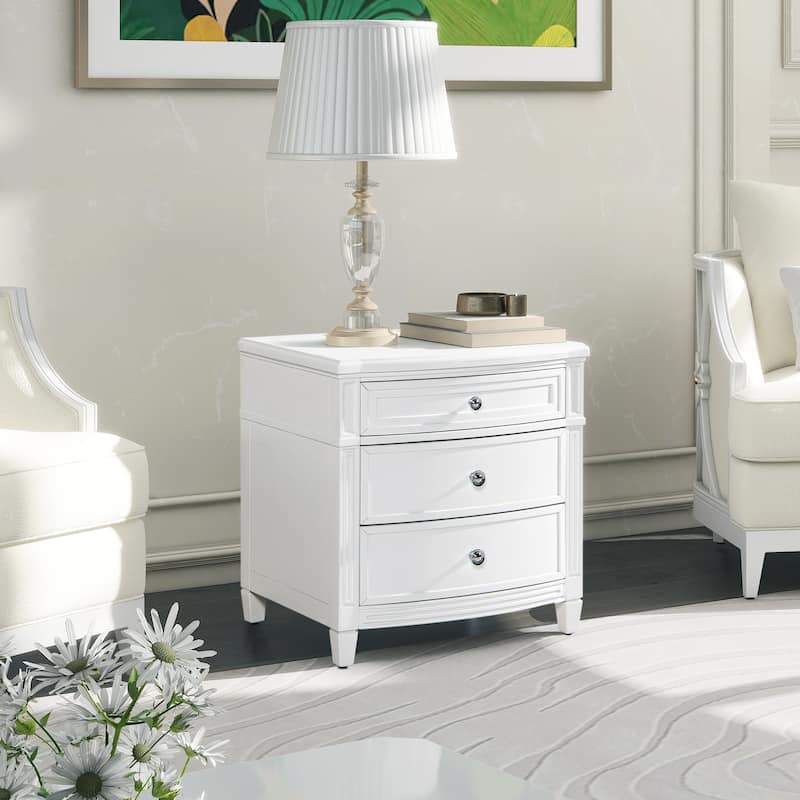 3-Drawer Accent End Table, Solid Rubber Hardwood Frame, No assembly required - White
