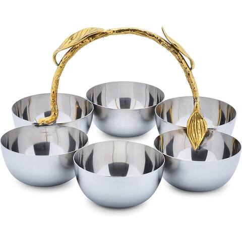 Berkware Shiny Polished Stainless Steel Six Sectional Serving Bowl with Gold Leaf Handle