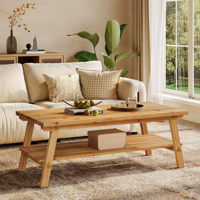 47-Inch Solid Wood Coffee Table, Farmhouse Rectangle Center Table