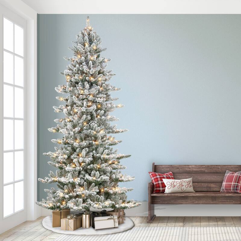 Puleo International 9 ft Pre-Lit Slim Flocked Royal Majestic Artificial Spruce Tree