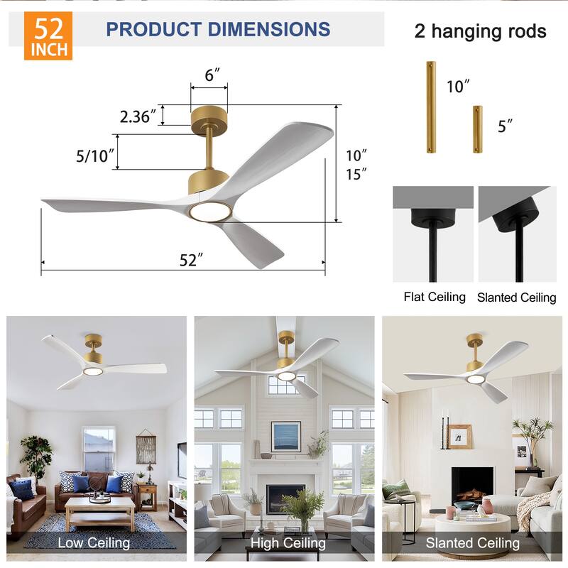 52 Inch Wood Ceiling Fan With Light Kit Dimmable LED,Remote Control for Patio Living Room, Bedroom, Office,Indoor - 52 Inches