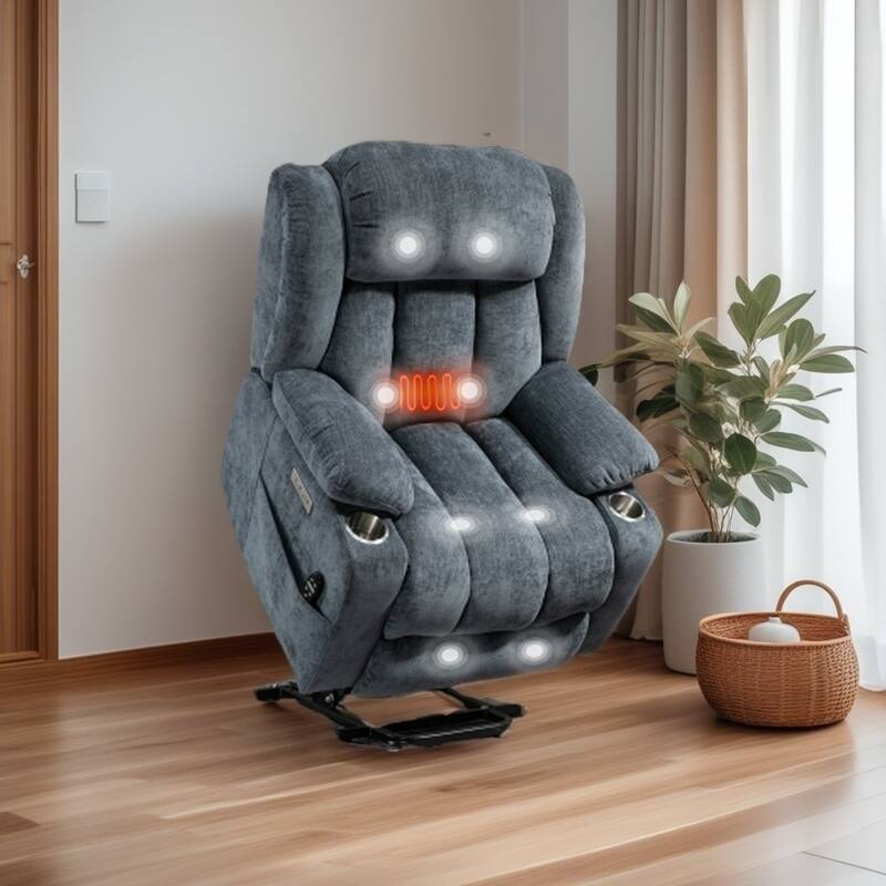 Electric Lift Recliner with Targeted Massage, Lumbar Heating, Dual USB Charging, and Stainless Steel Cup Holders - Blue