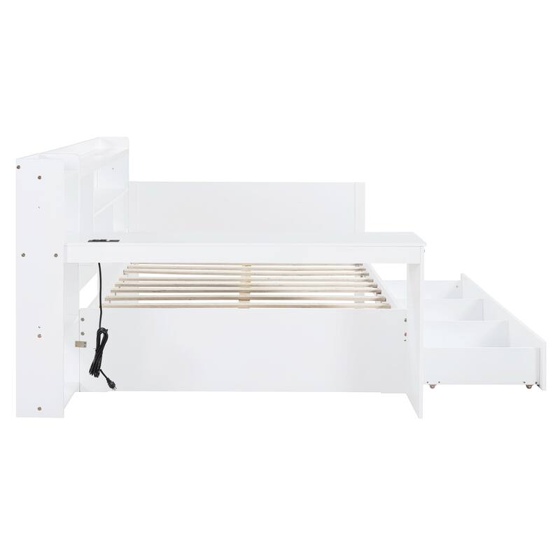 Twin/Full Size Wooden Daybed with 3 Storage Drawers and Bedside Desk, Modern Sofa Bed Frame with USB Ports and Storage Shelves