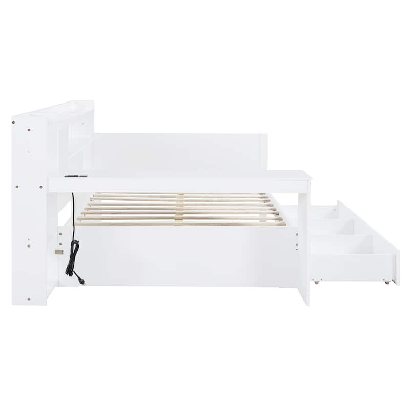 White Full Size Wooden Daybed with Three Drawers, USB Ports, and Desk