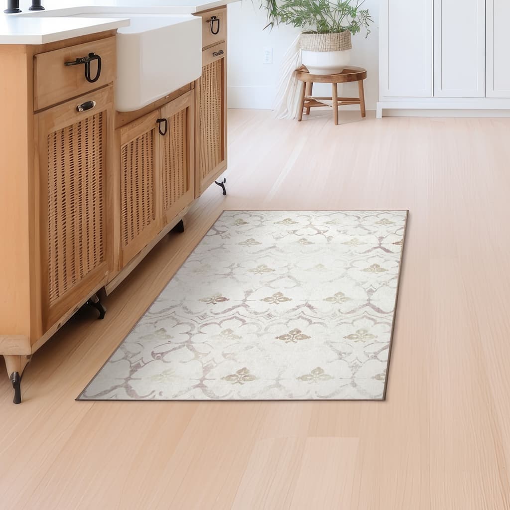 My Magic Carpet Machine Washable Area Rug Leilani Damask Ivory