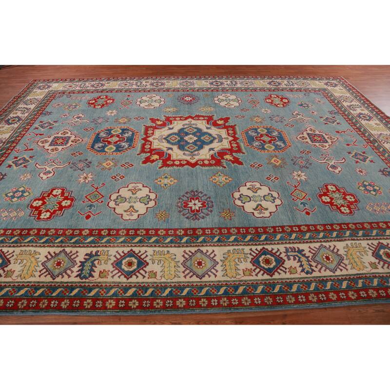 Hand Knotted Oriental 100% Wool Carpet Traditional Medallion Navy Blue & Blues Kazak Area Rug - 13' 7'' X 10' 1''