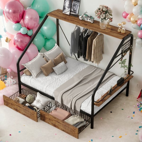 slide 2 of 11, Full Size Platform Bed with Clothes Rack,Storage Shelves and 2 Drawers Black