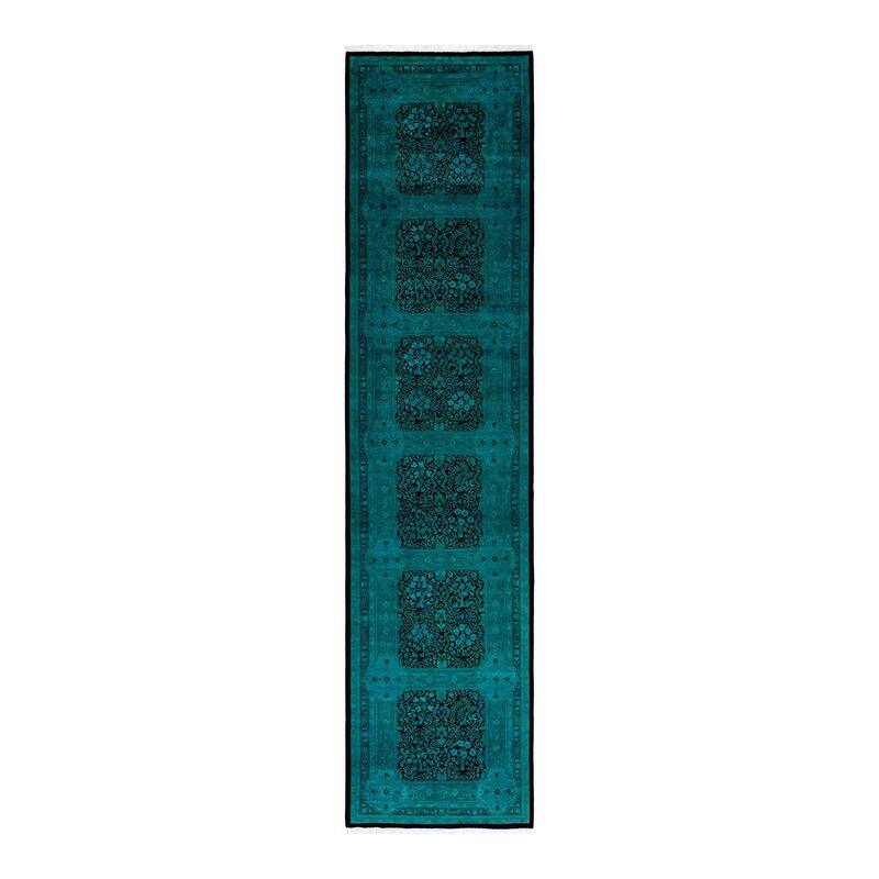 Overton Hand Knotted Wool Vintage Inspired Modern Contemporary Overdyed Blue Runner Rug - 3' 1" x 13' 3"