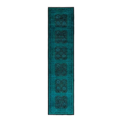 Overton Hand Knotted Wool Vintage Inspired Modern Contemporary Overdyed Blue Runner Rug - 3' 1" x 13' 3"
