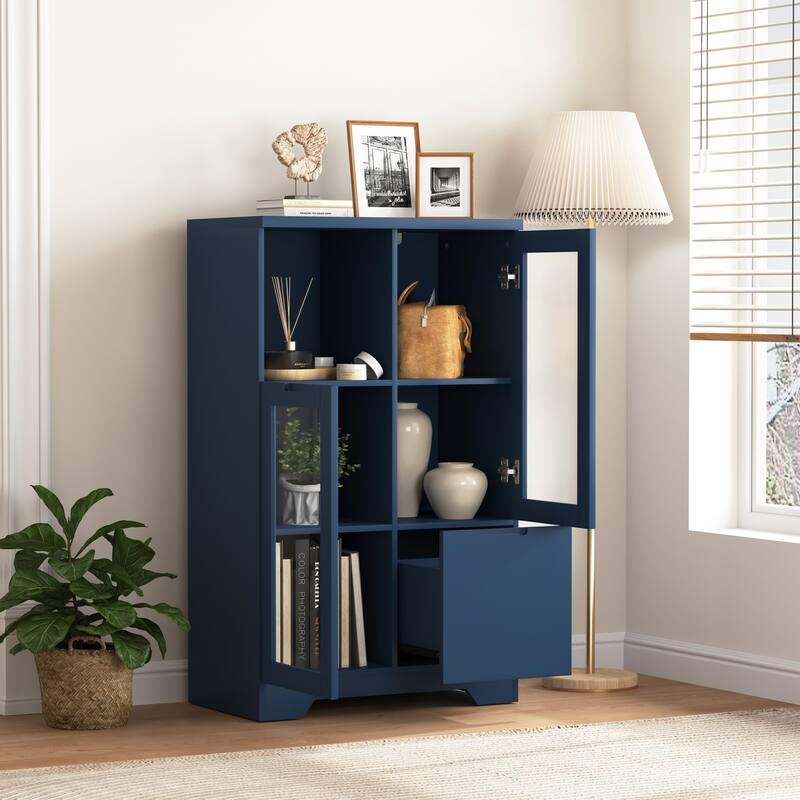 Wooden Floor Buffet Storage Cabinet with 2 Glass Doors