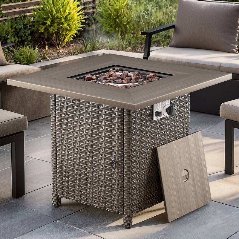 30 in. Square Brown Wicker and Metal Propane Gas Outdoor Fire Pit Table with Lava Rocks, 50000 BTU