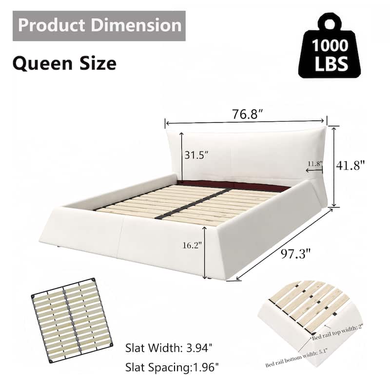 Queen/King Size Upholstered Platform Bed with Oversized Velvet Headboard, Solid Wood & Metal Frame, No Box Spring Needed