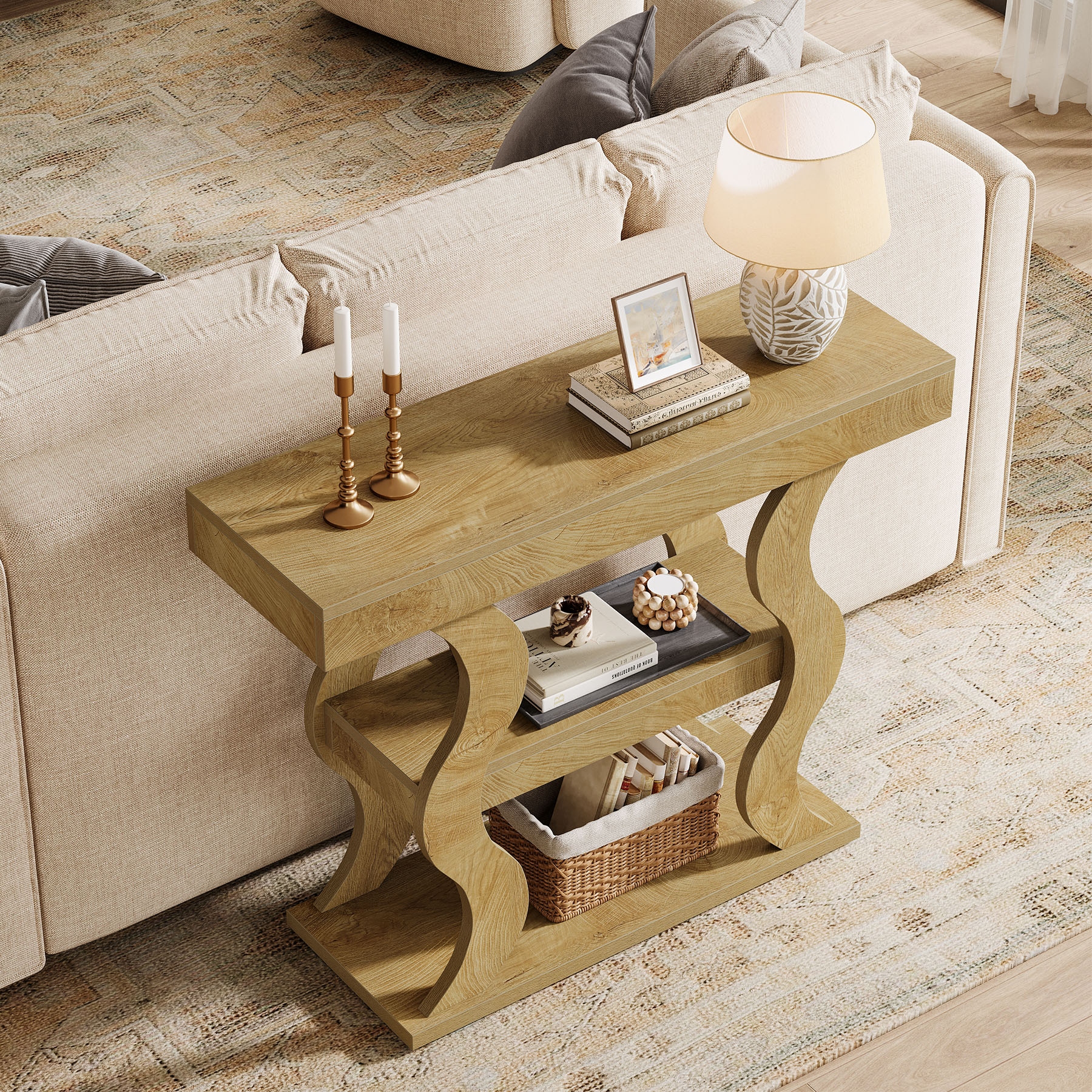 Console Table for Entryway, 3-Tier Wood Sofa Table with Storage Shelves for Living Room, Hallway, Foyer, Entrance