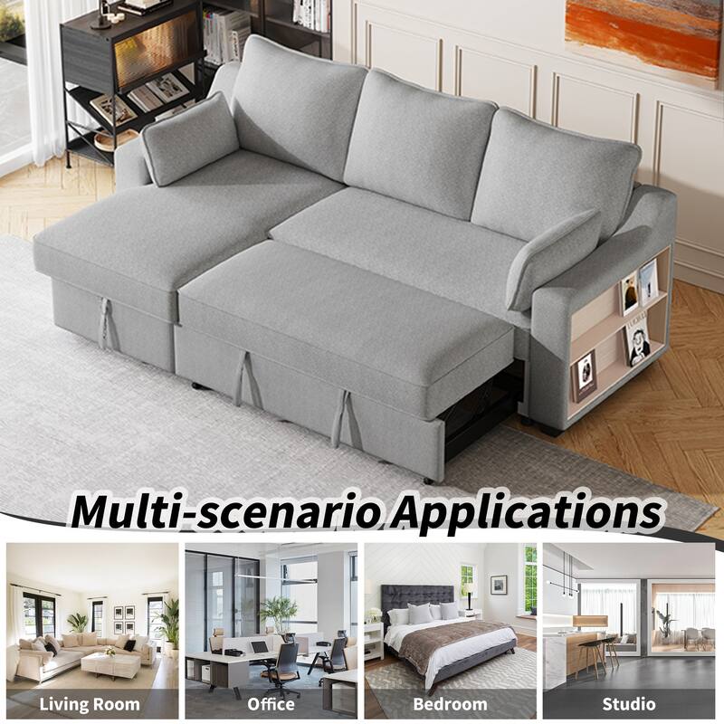 90" Convertible Sleeper Sofa with Storage Chaise, USB Ports, Storage Racks for Compact Spaces