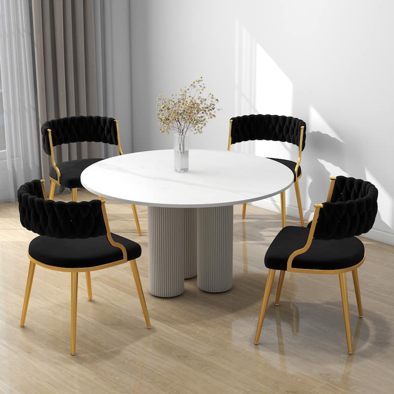 Set of 4 Velvet Dining Chair with Golden Metal Legs - Black