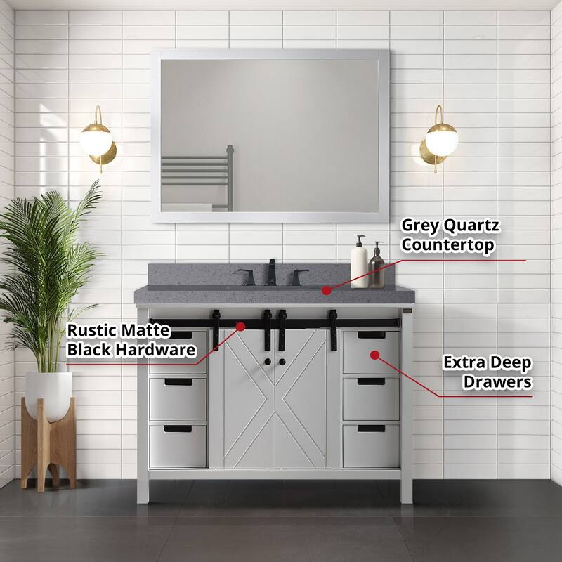 Marsyas Bath Vanity, Grey Quartz Countertop and Mirrors